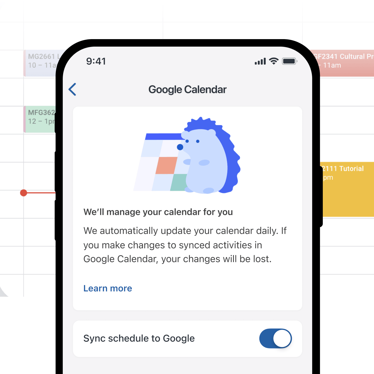 a mobile device showing the calendar sync screen in the app