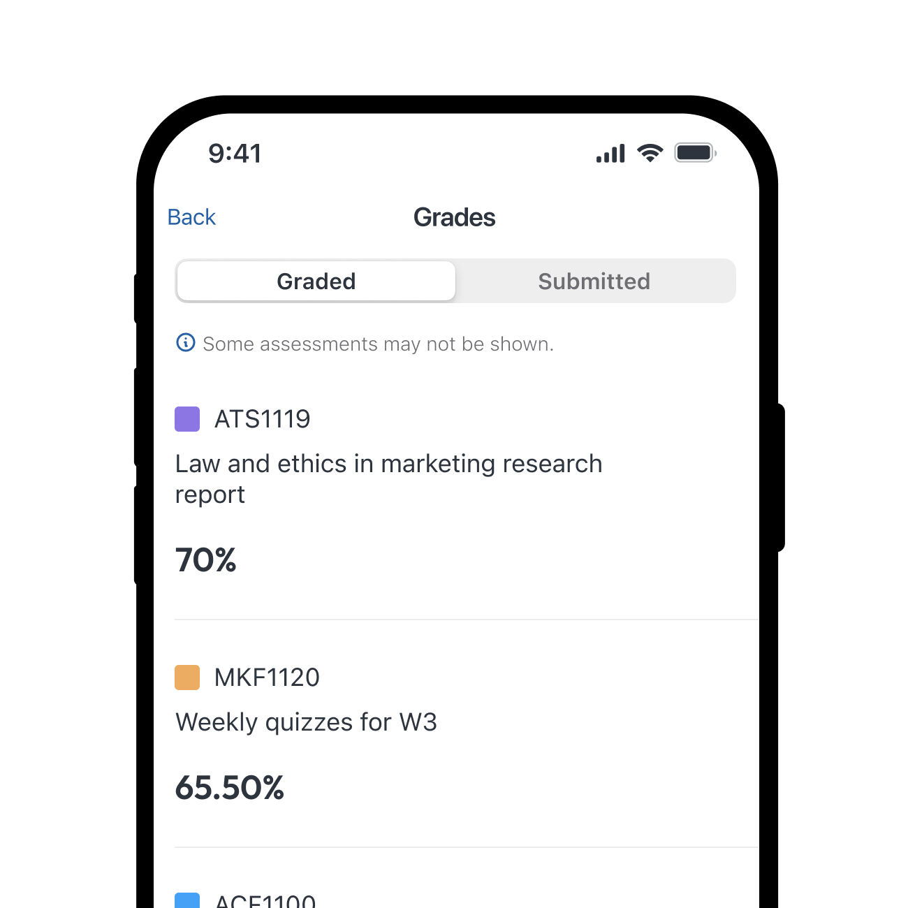 a mobile device showing Monash Study app grades feature
